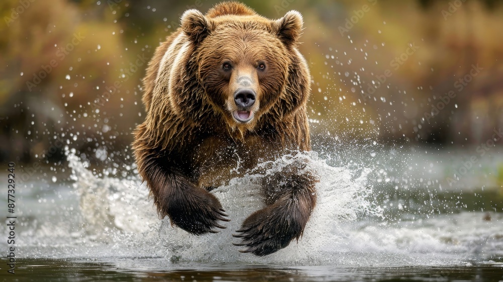 Grizzly Bear Running Through Water, Splashing & Looking at Camera Grizzly Bear Running Through Water, Splashing & Looking at Camera