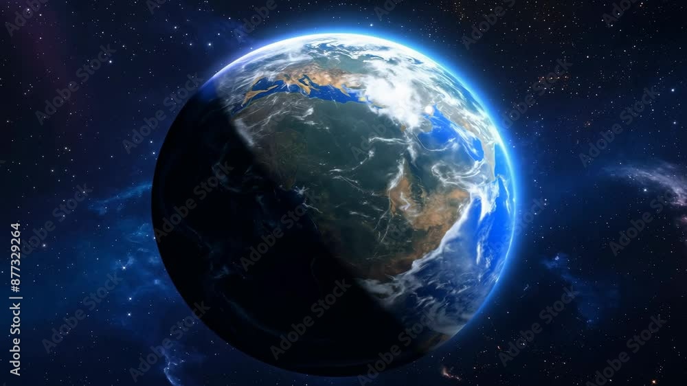 Earth rotates in space, seamlessly transitioning between day and night. Continents move from shadow to sunlight in a mesmerizing display of our planet's beauty Earth rotates in space, seamlessly transitioning between day and night. Continents move from shadow to sunlight in a mesmerizing display of our planet's beauty