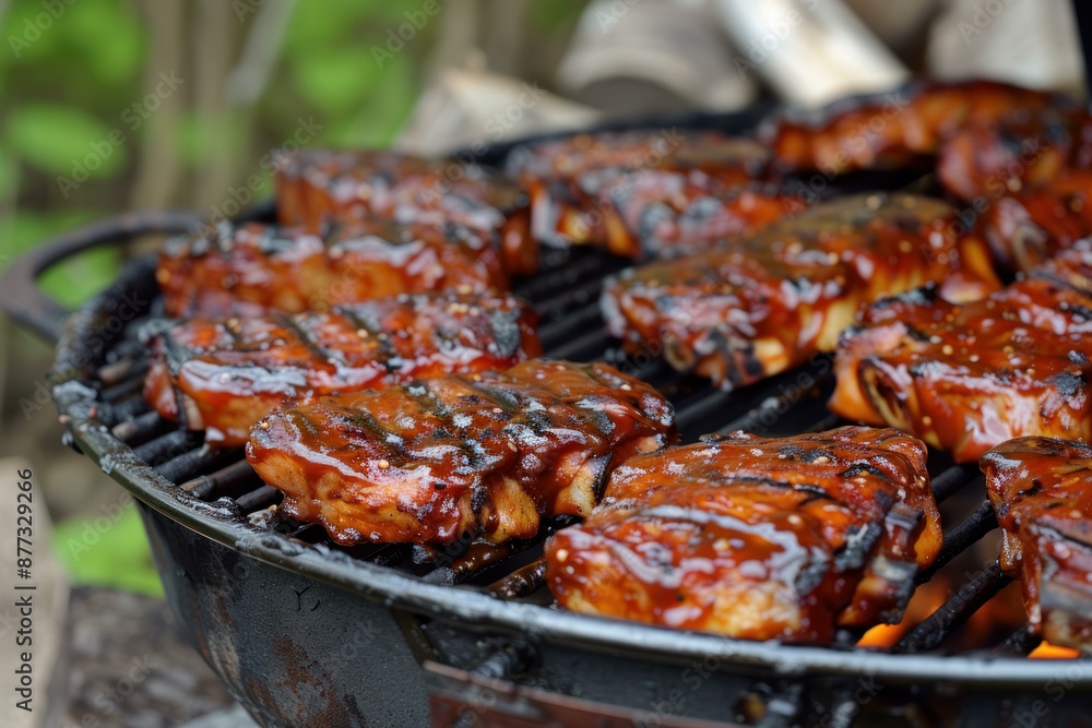 Succulent smoked ribs coated in a glossy barbecue sauce on an outdoor grill Succulent smoked ribs coated in a glossy barbecue sauce on an outdoor grill