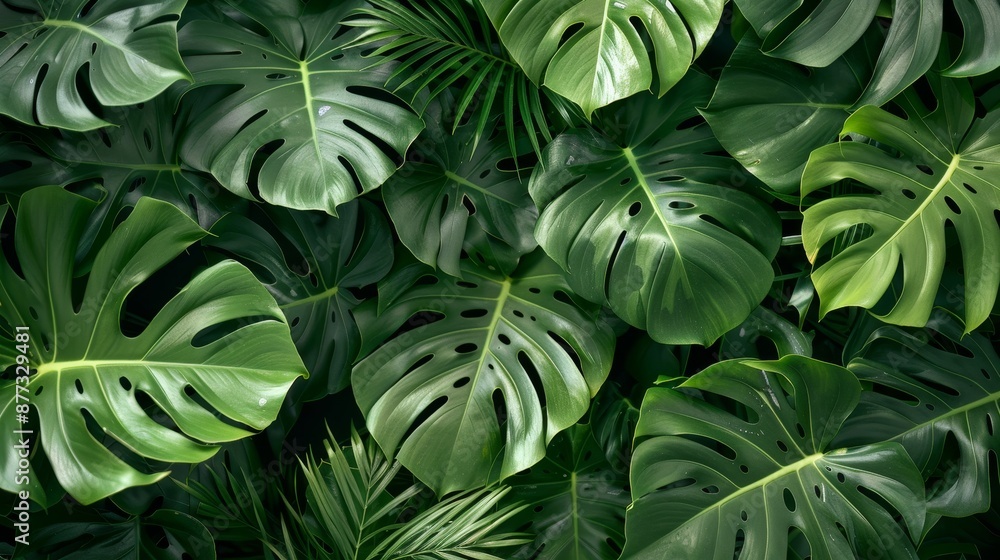 Lush Tropical Green Monstera Leaves Background Lush Tropical Green Monstera Leaves Background