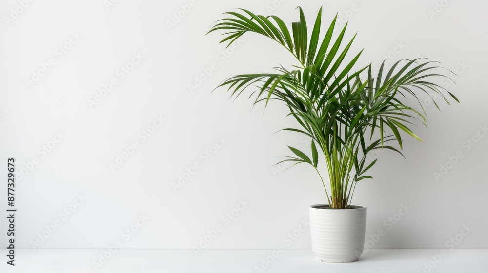 Minimalist White Background with Green Palm Plant in White Pot Minimalist White Background with Green Palm Plant in White Pot
