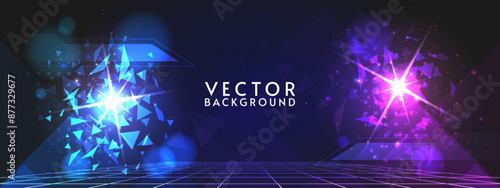 Vector abstract futuristic background. Rivalry concept. Blue with violet colors with blink. Dark backdrop with geometry elements and triangle shapes. 