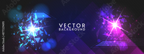 Vector abstract futuristic background. Rivalry concept. Blue with violet colors with blink. Dark backdrop with geometry elements and triangle shapes. 