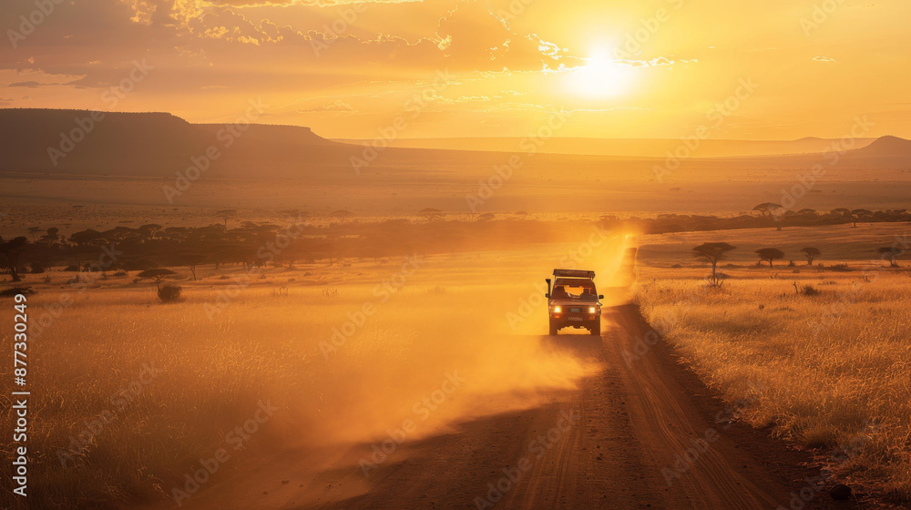 A safari vehicle drives along a dusty road through the golden savannah of Kenya at sunset, casting a long shadow across the vast African wilderness. A safari vehicle drives along a dusty road through the golden savannah of Kenya at sunset, casting a long shadow across the vast African wilderness.