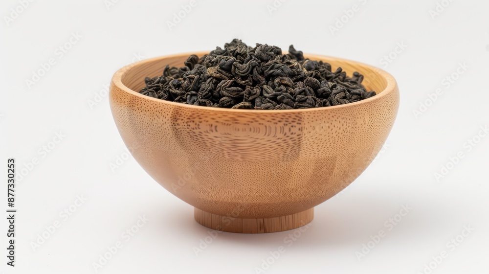 Chinese oolong tea in a wooden bowl on a white background Chinese oolong tea in a wooden bowl on a white background