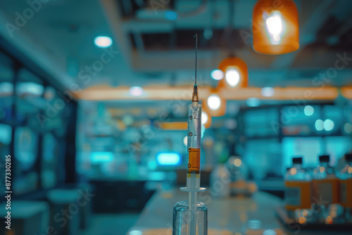 Closeup of syringe with animal medicine in a techequipped vet office photo