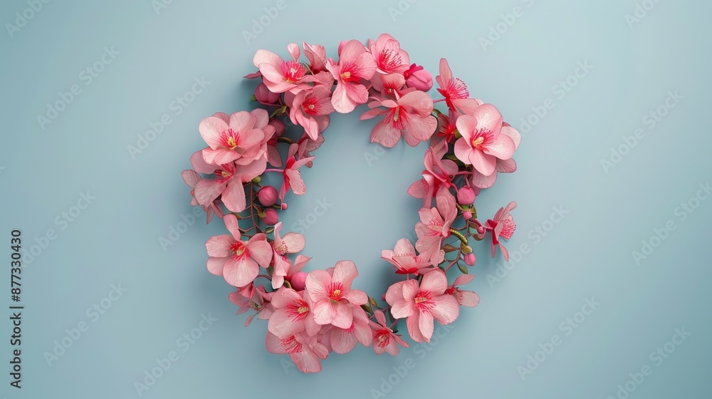 Pink Flower Wreath on Blue Background - Spring Floral Design Pink Flower Wreath on Blue Background - Spring Floral Design