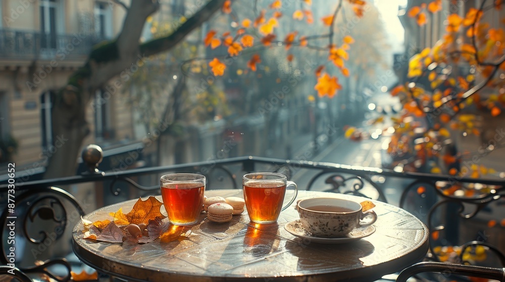 Cozy Autumn Balcony with Tea and Macarons - Generative AI Cozy Autumn Balcony with Tea and Macarons - Generative AI