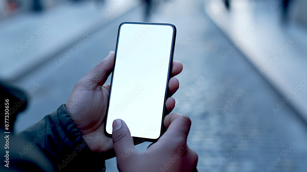 close-up to a hand holding a smart phone with solid white screen as a mockup close-up to a hand holding a smart phone with solid white screen as a mockup