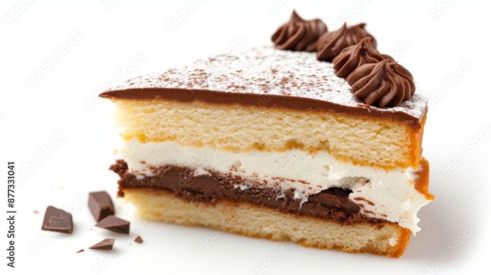 A vanilla sponge cake with chocolate cream, beautifully isolated on a white background A vanilla sponge cake with chocolate cream, beautifully isolated on a white background
