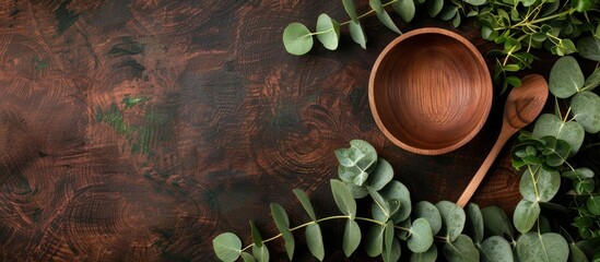 Top view of eucalyptus leaves next to a wooden bowl and spoon with copy space image