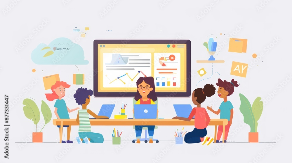 A virtual language class with students and a teacher interacting A virtual language class with students and a teacher interacting