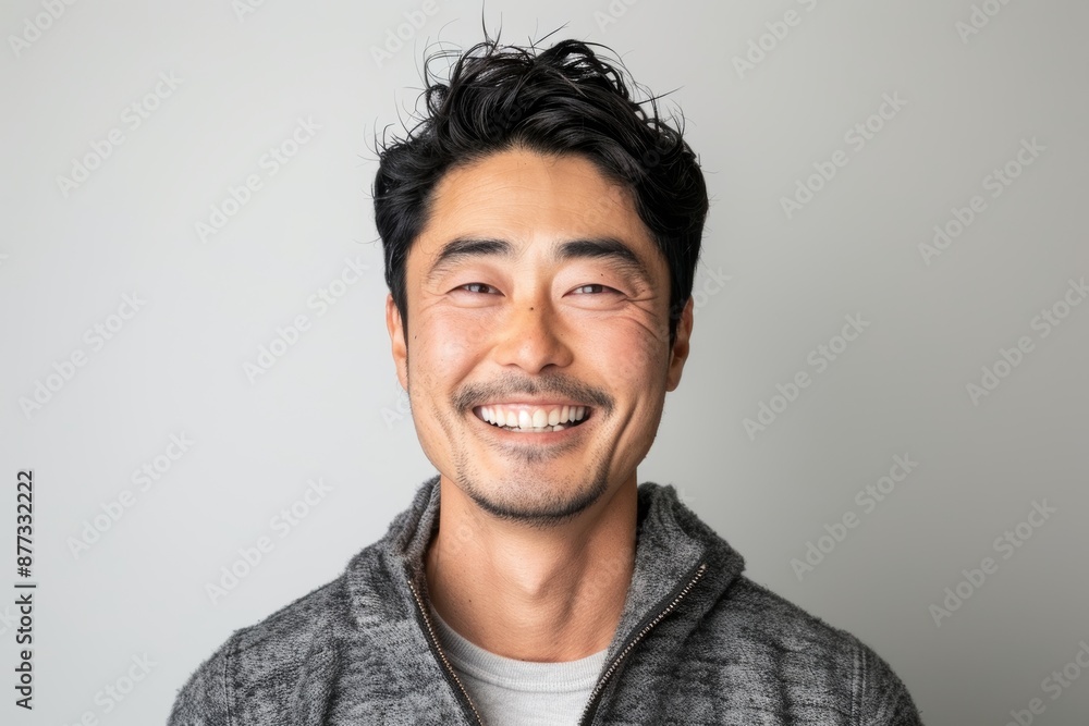 Portrait of a joyful asian man in his 30s wearing a thermal fleece pullover in plain white digital canvas Portrait of a joyful asian man in his 30s wearing a thermal fleece pullover in plain white digital canvas