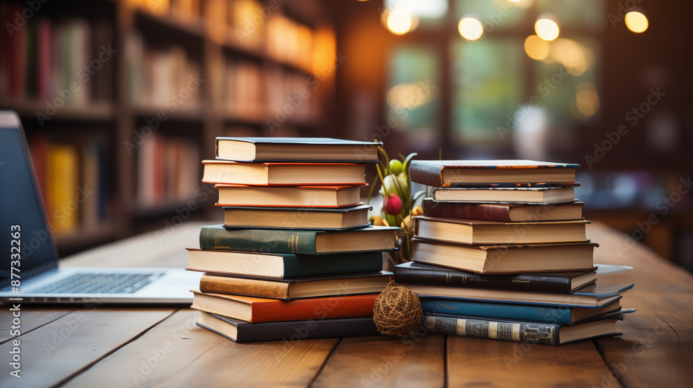 Obraz premium Stack of Books with Laptop on Wooden Table