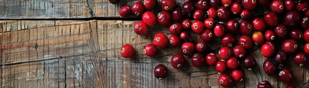 Fresh cranberries scattered on rustic wooden surface, showcasing their vibrant red color and natural texture, perfect for seasonal use.