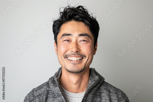 Portrait of a joyful asian man in his 30s wearing a thermal fleece pullover in plain white digital canvas