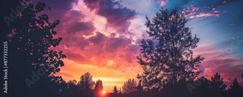 Beautiful sunset with vibrant colors and silhouette of trees. Perfect for backgrounds, nature themes, or relaxation concepts. © Jiraporn