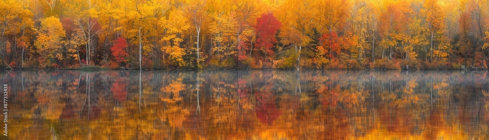 Fototapeta premium Vibrant autumn forest reflecting in calm lake water. Stunning fall colors create a serene and picturesque landscape of seasonal beauty.