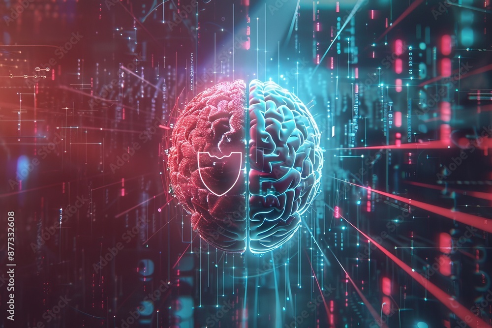 a human brain juxtaposed with a holographic AI brain, both connected by ...