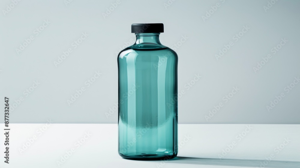 Teal Glass Bottle with Black Lid on White Tabletop Teal Glass Bottle with Black Lid on White Tabletop