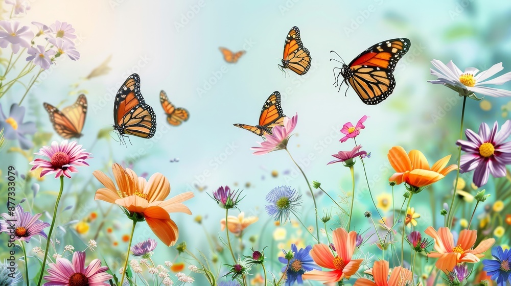 Fototapeta premium Vibrant Butterflies Soaring Over Blooming Wildflowers