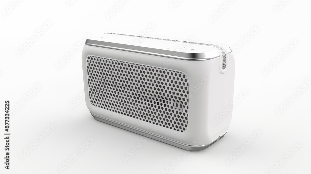 White Portable Bluetooth Speaker with Silver Trim on White Background White Portable Bluetooth Speaker with Silver Trim on White Background