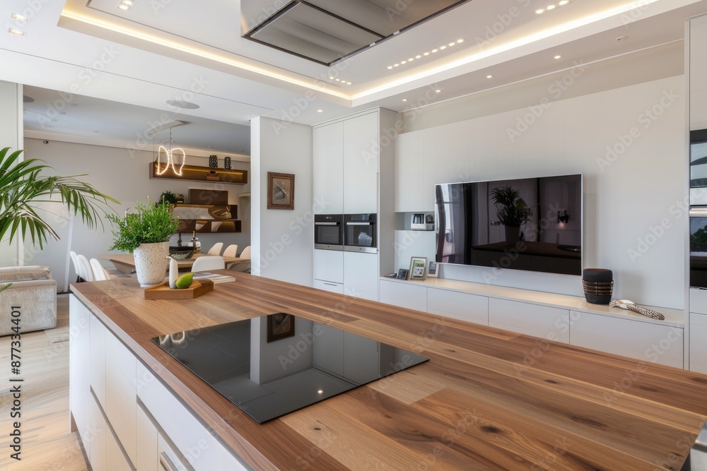 Obraz premium Kitchen TV. Modern White Apartment Kitchen with Wooden Island and Stylish Cabinet Design