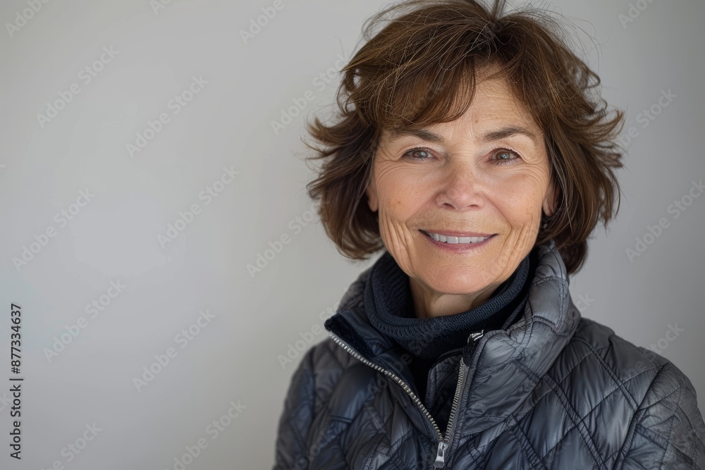 Portrait of a smiling caucasian woman in her 50s sporting a quilted insulated jacket in front of plain white digital canvas Portrait of a smiling caucasian woman in her 50s sporting a quilted insulated jacket in front of plain white digital canvas