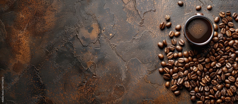 Top view of roasted coffee beans on a kitchen table with copy space image available for text or design elements Top view of roasted coffee beans on a kitchen table with copy space image available for text or design elements
