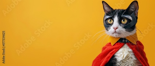 Funny superhero cat in costume isolated on yellow background, copy space