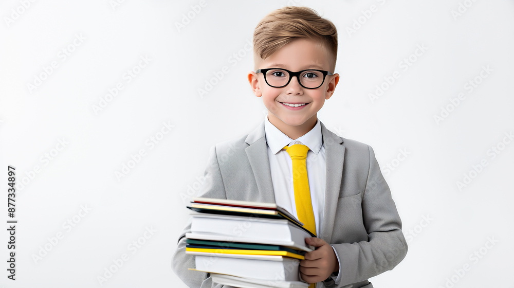 Positive cheerful boy in a school uniform, wearing glasses and holding textbooks on a yellow background with copy space. Portrait of a schoolboy in a gray jacket with a yellow tie. Back to school Positive cheerful boy in a school uniform, wearing glasses and holding textbooks on a yellow background with copy space. Portrait of a schoolboy in a gray jacket with a yellow tie. Back to school