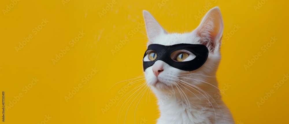 cute superhero cat with mask isolated on yellow background, copy space, cute superhero cat with mask isolated on yellow background, copy space,