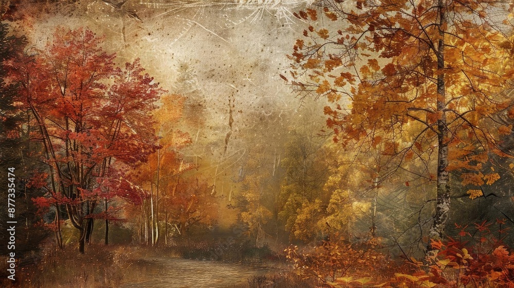 Fototapeta premium Enchanting autumn forest scene with misty atmosphere and vibrant fall foliage, creating a serene and picturesque landscape.