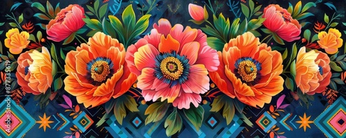 Vibrant floral arrangement with colorful poppies and intricate geometric pattern.