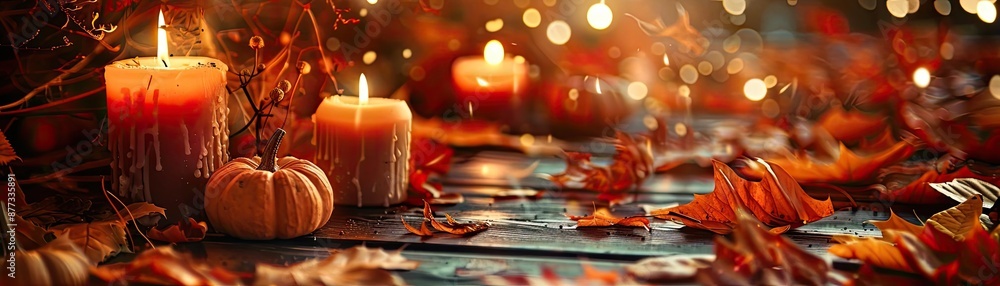 Cozy autumn scene with candles and pumpkins on a wooden table surrounded by leaves and warm fairy lights, creating a festive fall atmosphere. Cozy autumn scene with candles and pumpkins on a wooden table surrounded by leaves and warm fairy lights, creating a festive fall atmosphere.