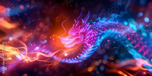 Network security system with holographic guardian dragon protecting information fiercely. Concept Network Security, Holographic Guardian, Dragon, Information Protection, Fierce Defenses photo
