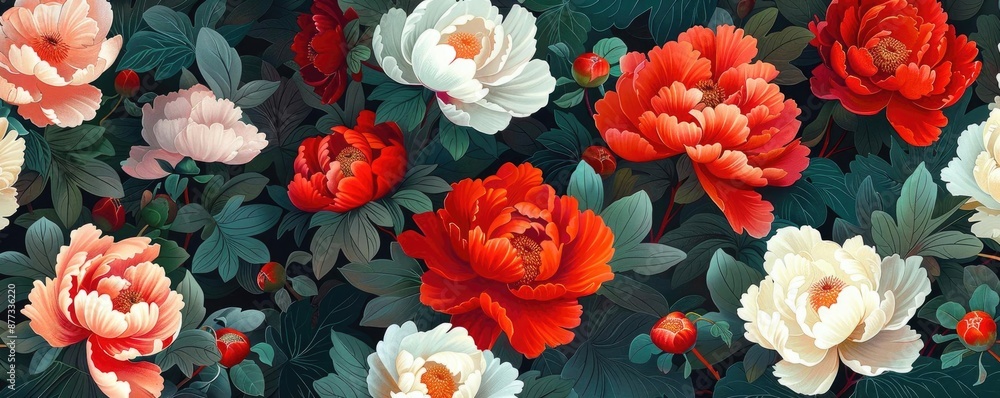 Vibrant red, white, and pink peonies bloom in a lush garden setting. Vibrant red, white, and pink peonies bloom in a lush garden setting.