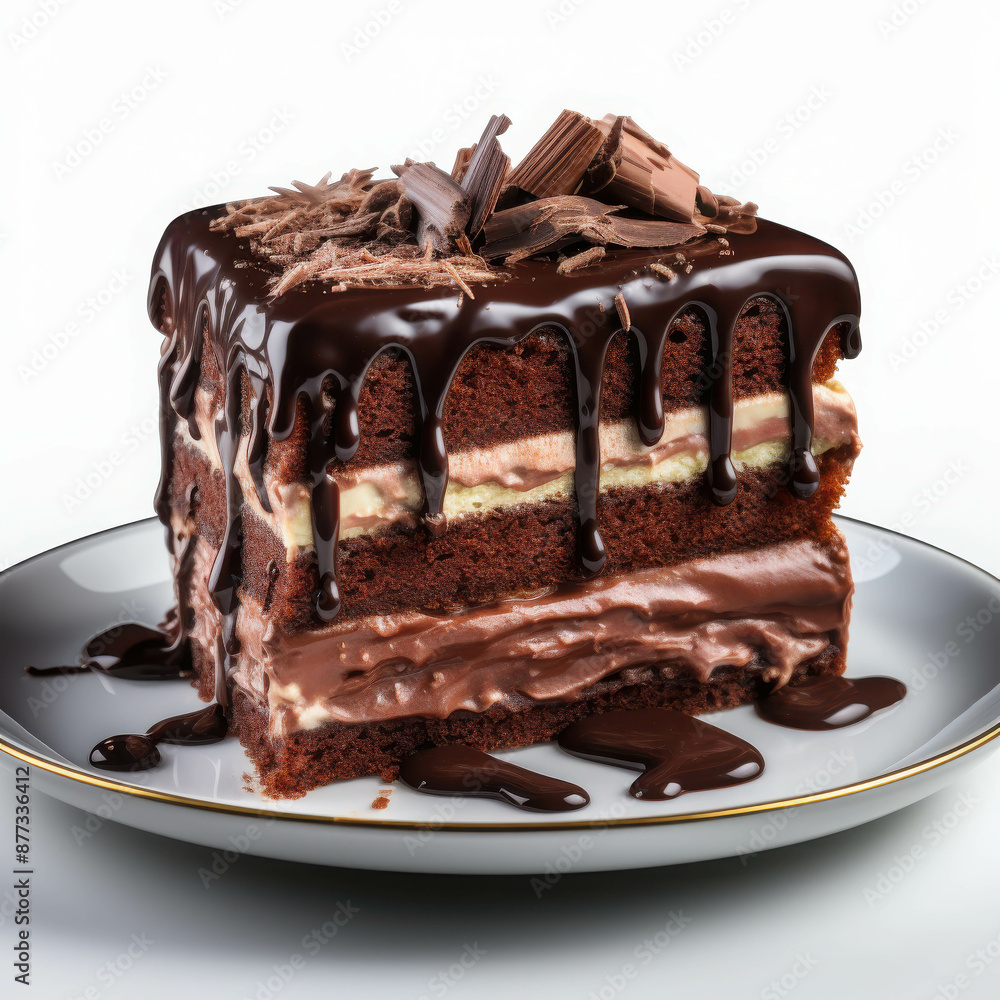 Obraz premium Delicious Layered Chocolate Cake with Rich Chocolate Drizzle and Topped with Chocolate Shavings