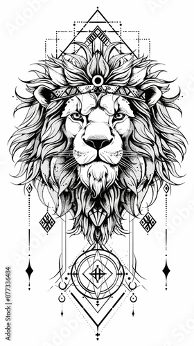 A lion with a crown on its head. The lion is the main focus of the image. The lion is surrounded by a lot of detail, including a circle and a triangle