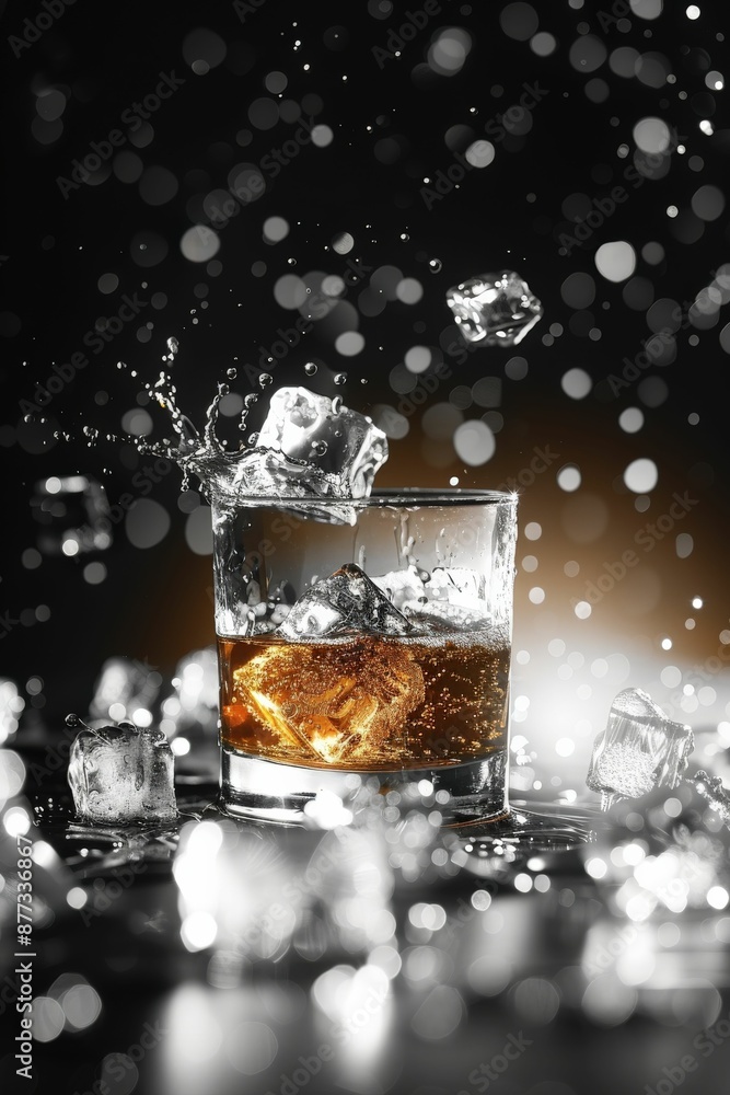 Refreshing Whiskey on the Rocks with Splashing Ice Cubes in Dramatic Lighting Refreshing Whiskey on the Rocks with Splashing Ice Cubes in Dramatic Lighting