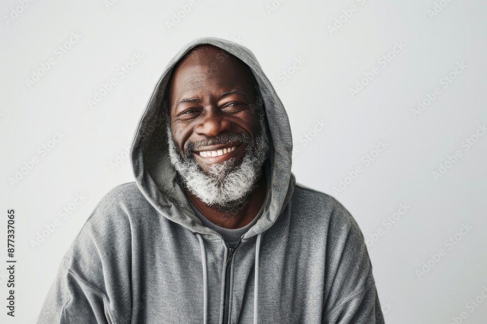 Portrait of a cheerful afro-american man in his 60s sporting a comfortable hoodie in front of plain white digital canvas
