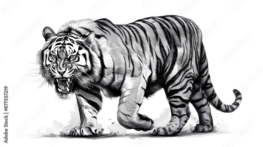 Fototapeta premium A tiger is walking on a white background with a fierce look on its face