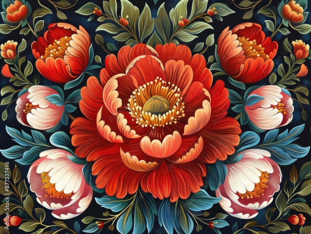 Traditional Russian floral pattern with red and white flowers. Traditional Russian floral pattern with red and white flowers.