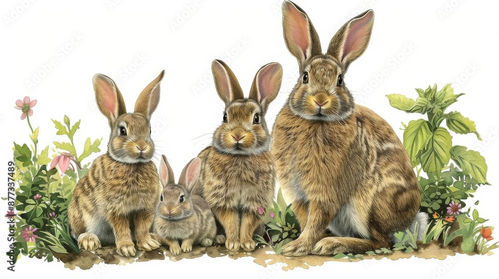 Fototapeta premium A rabbit family in a garden, handpainted, springtime theme, isolated on white background