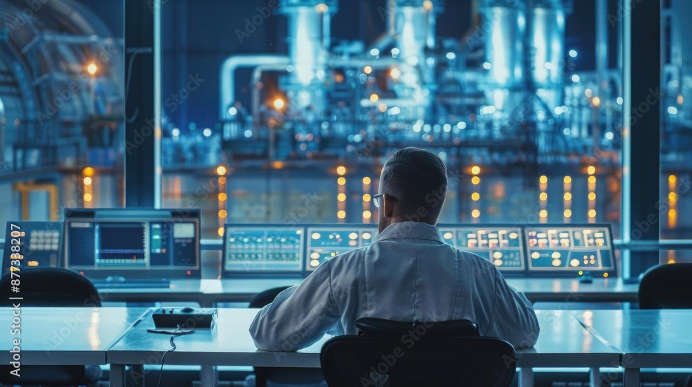 Engineer at nuclear power plant control room, managing systems, large reactors visible through glass windows Engineer at nuclear power plant control room, managing systems, large reactors visible through glass windows
