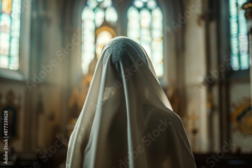 girl praying in church in a white veil photo