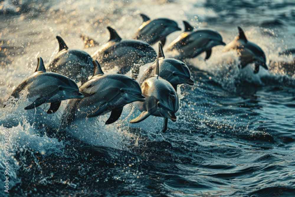 Fototapeta premium Group of Dolphins Leaping Out of Ocean Waves at Sunset in Stunning Natural Wildlife Scene