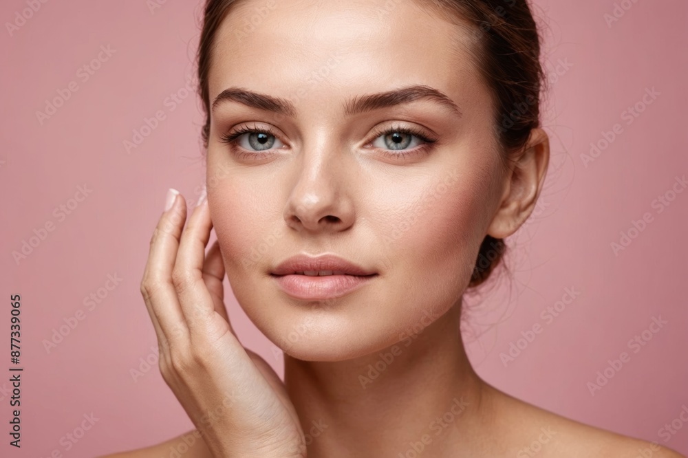 Skin care. Woman with beauty face touching healthy facial skin portrait on pink background closeup Skin care. Woman with beauty face touching healthy facial skin portrait on pink background closeup