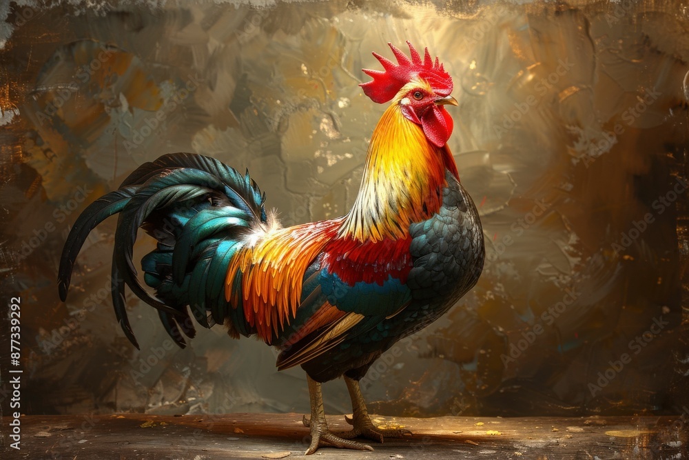 Fototapeta premium Vibrant Rooster with Colorful Feathers Standing Against Artistic Background