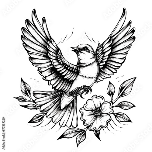 A black and white drawing of a bird with its wings spread out. The bird is surrounded by flowers and leaves, giving the impression of a peaceful and serene scene